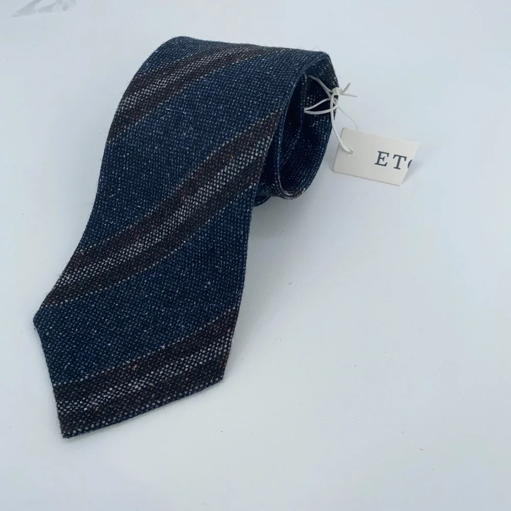 Eton Tie Mens One Size Brown Blue Striped Wool Professional Classic Fit Necktie